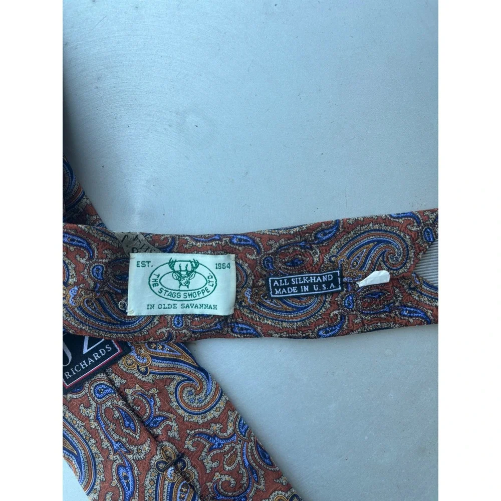 JZ Richards Mens Silk Paisley Necktie Burnt Orange Blue Hand Made‎ in USA